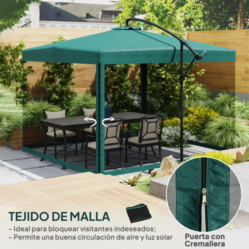 Outsunny Sombrilla de Jardín Ø295 cm Parasol Excéntrico Inclinable con Mosquiteras Base Cruzada y Manivela Verde Oscuro