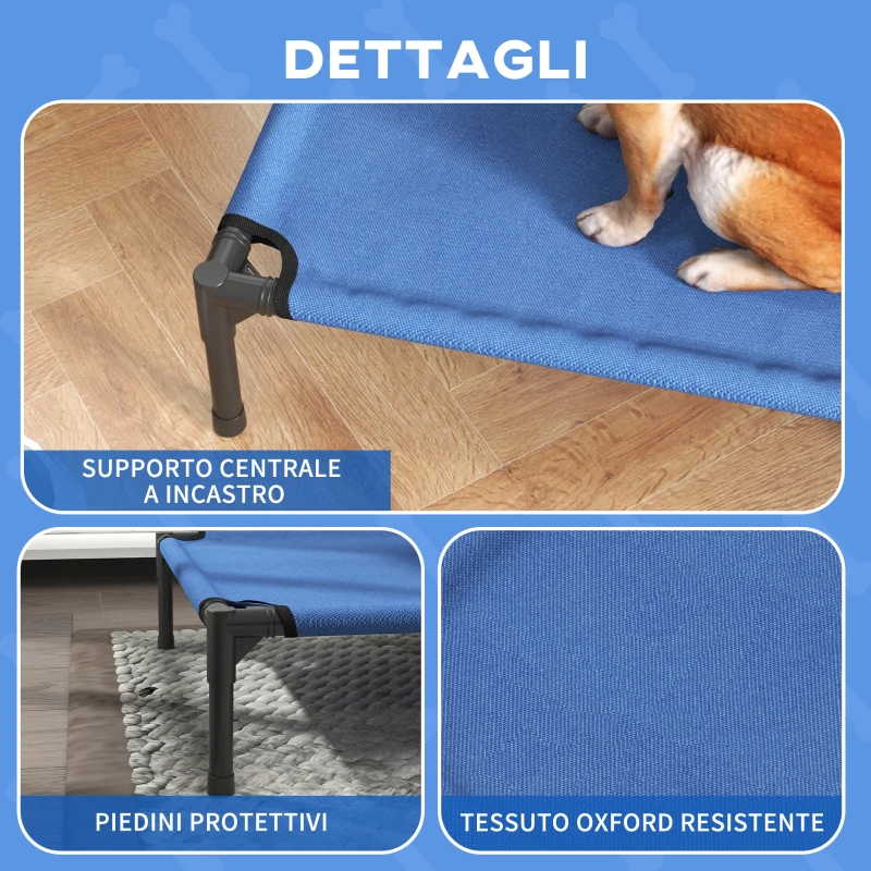 PawHut Cuccia Lettino per Cani Rialzato Pieghevole per Interno ed Esterno in Metallo e Tessuto Oxford, 76x61x18 cm, Blu