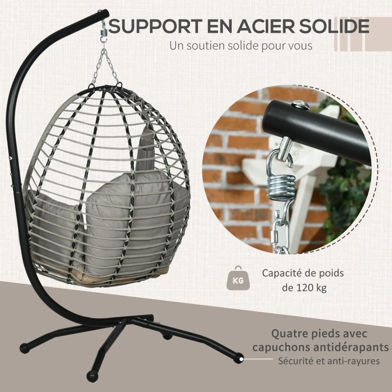 Outsunny Fauteuil œuf Suspendu pliant avec Coussin et Support Usage intérieur extérieur métal corde en polypropylène
