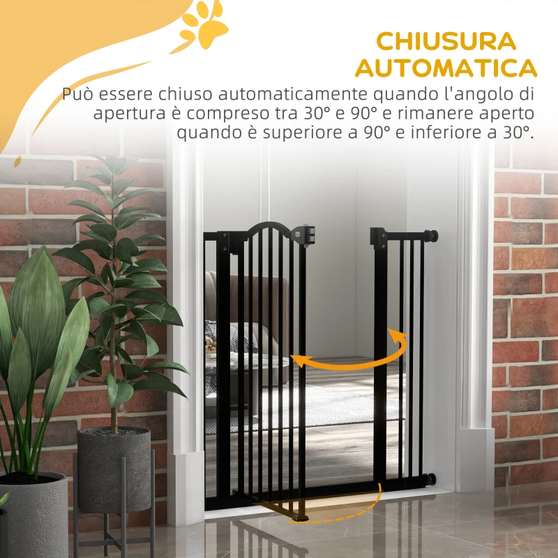 PawHut Cancelletto per Cani Estensibile con 2 Blocchi e Chiusura Automatica, in Metallo e Plastica, 74-87x78 cm, Nero
