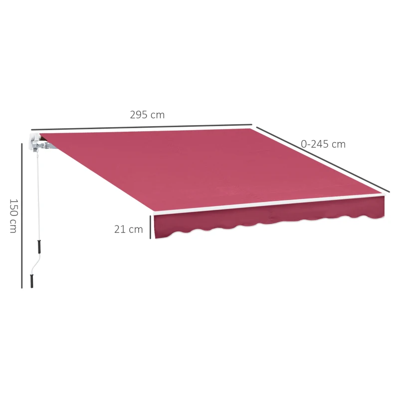 Outsunny Store banne manuel rétractable 295 x 245 cm store exterieur terrasse avec manivelle, angle réglable 45°-85°, aluminium et polyester 280 g/m², auvent de terrasse, balcon, cour, rouge