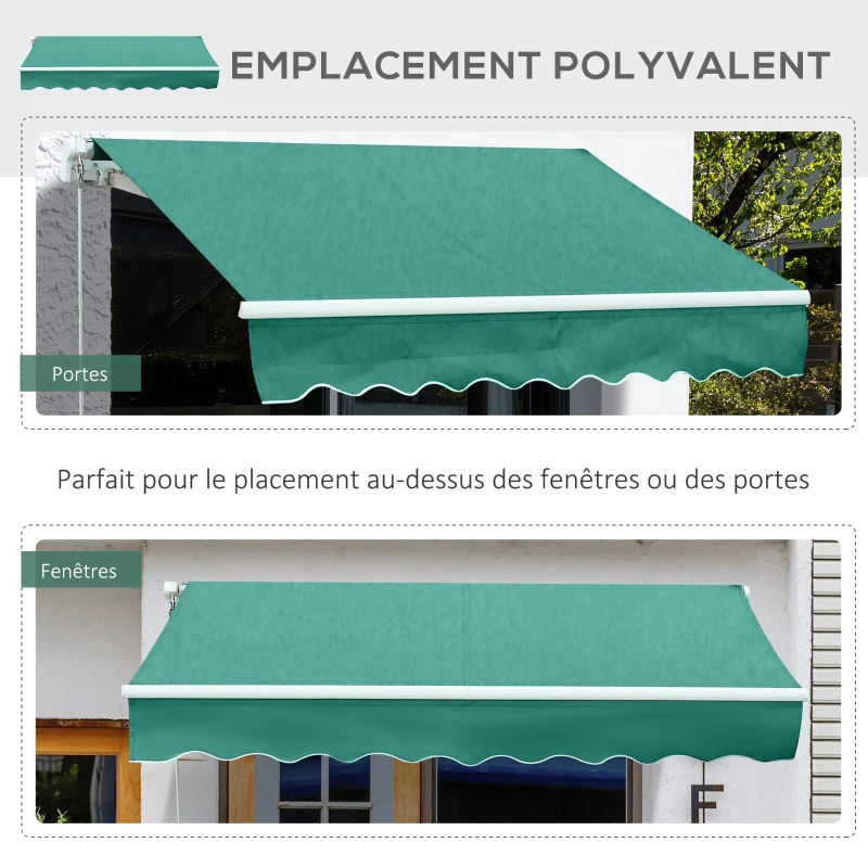 Outsunny Store banne manuel rétractable 295 x 245 cm store exterieur terrasse avec manivelle, angle réglable 45°-85°, aluminium et polyester 280 g/m², auvent de terrasse, balcon, cour, vert