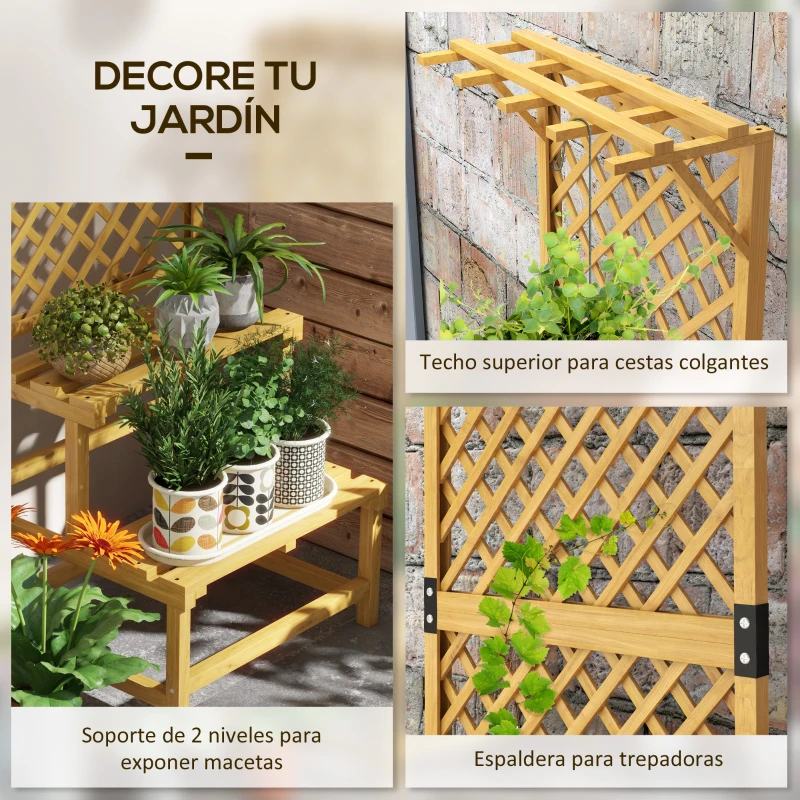 Outsunny Soporte para Plantas de Madera Estantería para Plantas de 2 Niveles con Enrejado para Jardín Patio Terraza Natural