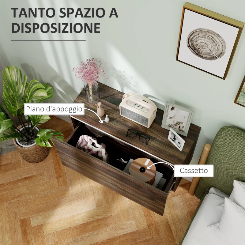HOMCOM Comodino Sospeso con Cassetto Senza Maniglie e con Fissaggio a Parete, 80x30x45cm, Noce