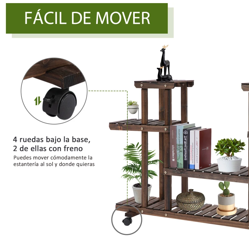 Outsunny Soporte para Plantas de 4 Niveles con Ruedas Soporte para Macetas para Interiores y Exteriores 123,5x33x80 cm Marrón