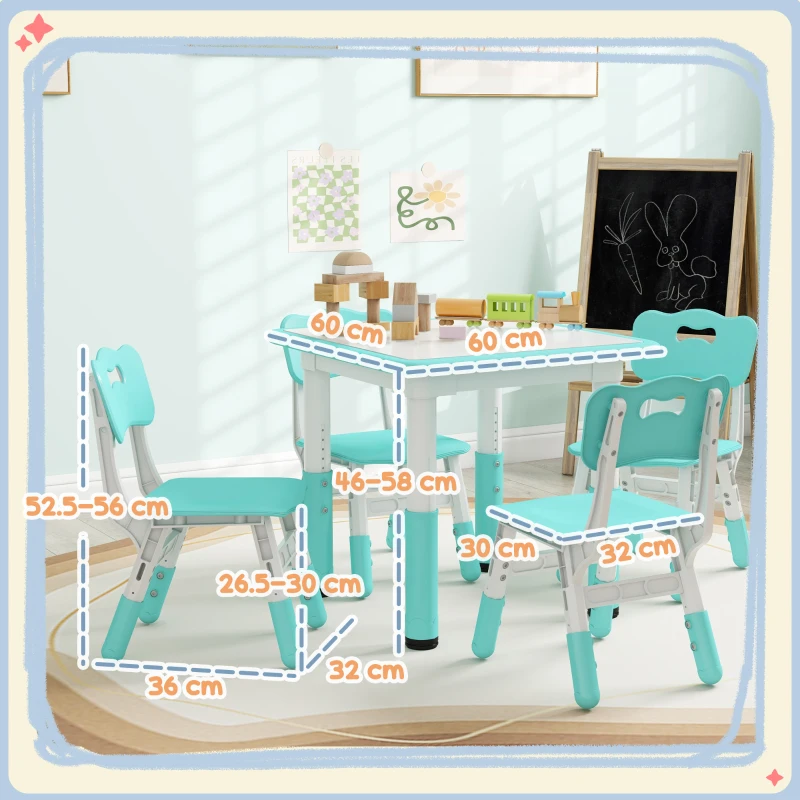 AIYAPLAY Set Tavolo e Sedie per Bambini 5pz con 4 Sedie Regolabili 32x36x52.5-56 cm e Tavolo 60x60x46-58 cm, Verde