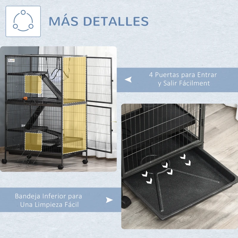 PawHut Jaula para Animales Pequeños de 4 Niveles Jaula para Roedores con Ruedas Rampas Hamaca Colgante y Bandeja Extraíble Recinto para Conejos Chinchillas Hurones 80x52x128 cm Gris Plateado