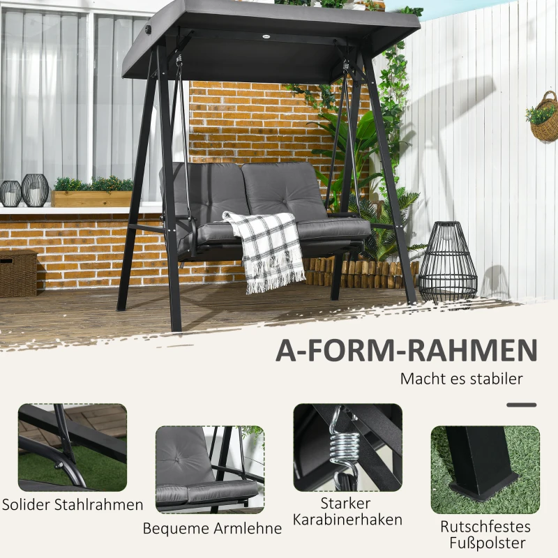 Outsunny Hollywoodschaukel, 2-Sitzer Gartenschaukel mit verstellbarem Dach, bis 220 kg belastbar, 145 x 116 x 172 cm, Dunkelgrau