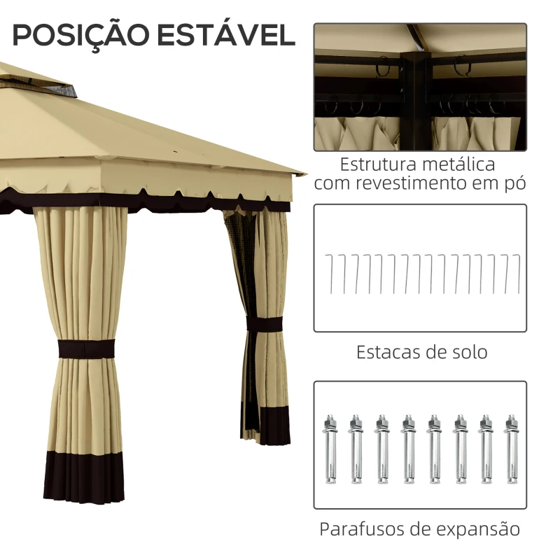 Outsunny Pérgola de Jardim 370x300x275 cm com 4 Paredes Laterais 4 Mosquiteiros Teto Duplo Impermeável e Anti-UV para Terraço Bege