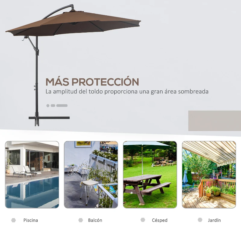 Outsunny Sombrilla de Jardín Ø295 cm Parasol Excéntrico Inclinable con Manivela Base Cruzada y Soporte de Acero Café