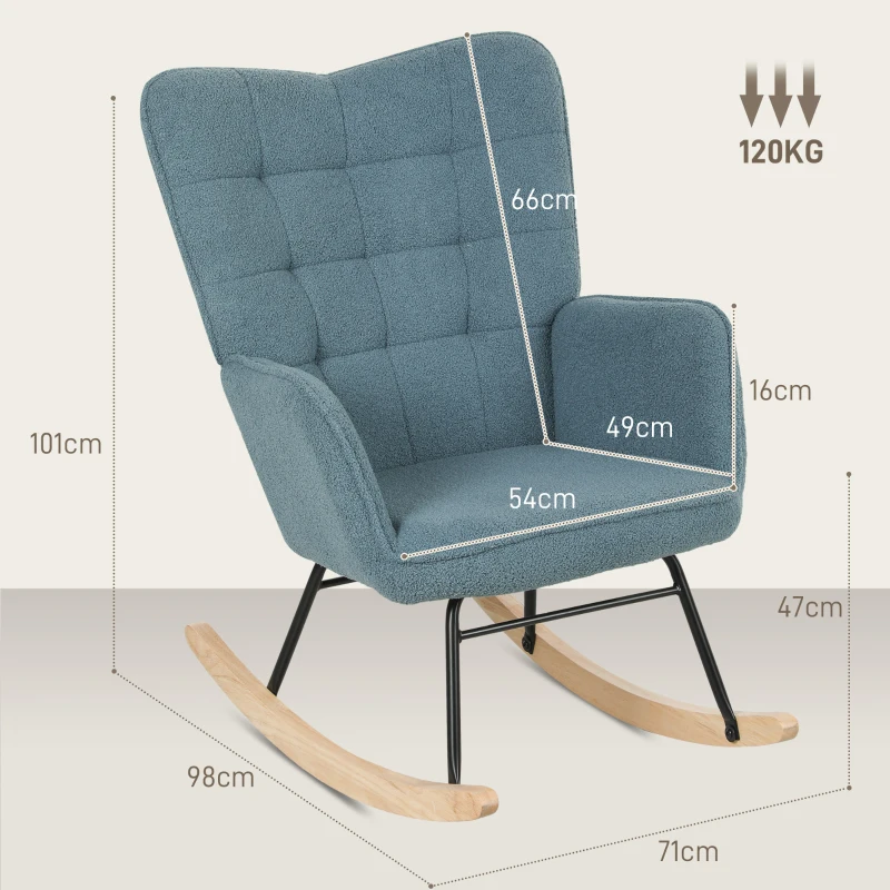 HOMCOM Schaukelstuhl, ergonomische Form, Echtholzkufen, bis 120 kg, Hellblau(m-3)