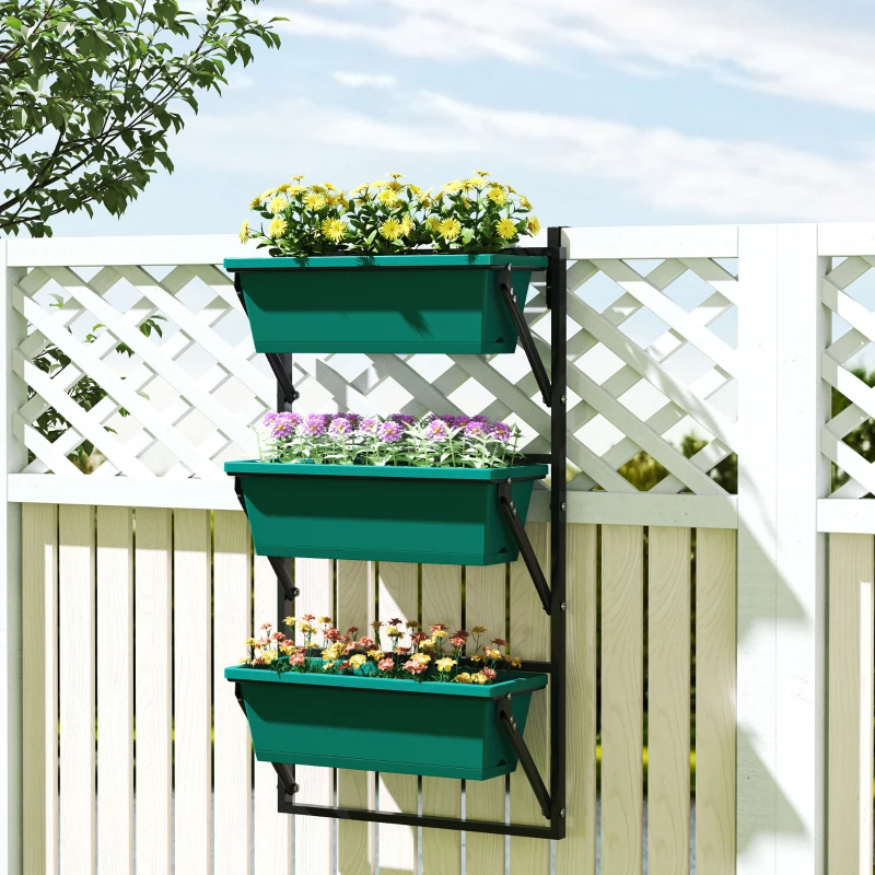 Outsunny Fioriera da Esterno Verticale e 3 Vasi per Piante in Plastica con Fori di Drenaggio, 56x42x100 cm, Verde