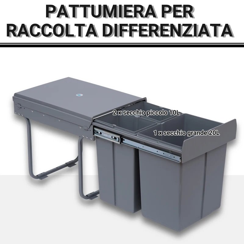 HOMCOM Pattumiera Estraibile da 40L con 3 Contenitori per Raccolta Differenziata, 48x34.2x41.8 cm, Grigio