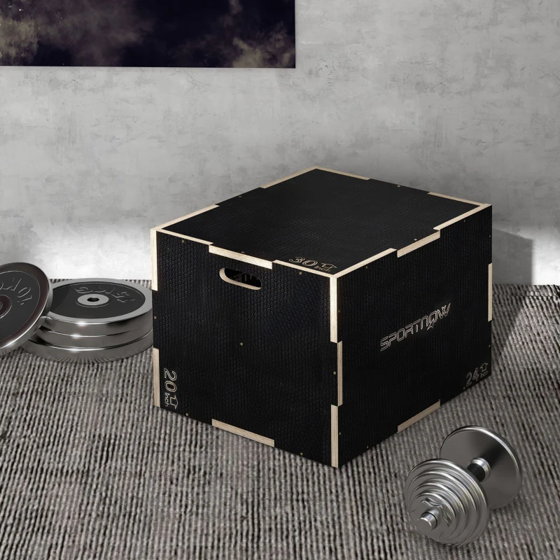 SPORTNOW Box Jump Pliometrico a 3 Altezze in Legno Antiscivolo, 76-61-51cm, Nero