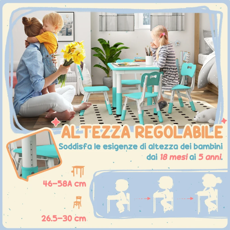 AIYAPLAY Set Tavolo e Sedie per Bambini 5pz con 4 Sedie Regolabili 32x36x52.5-56 cm e Tavolo 60x60x46-58 cm, Verde