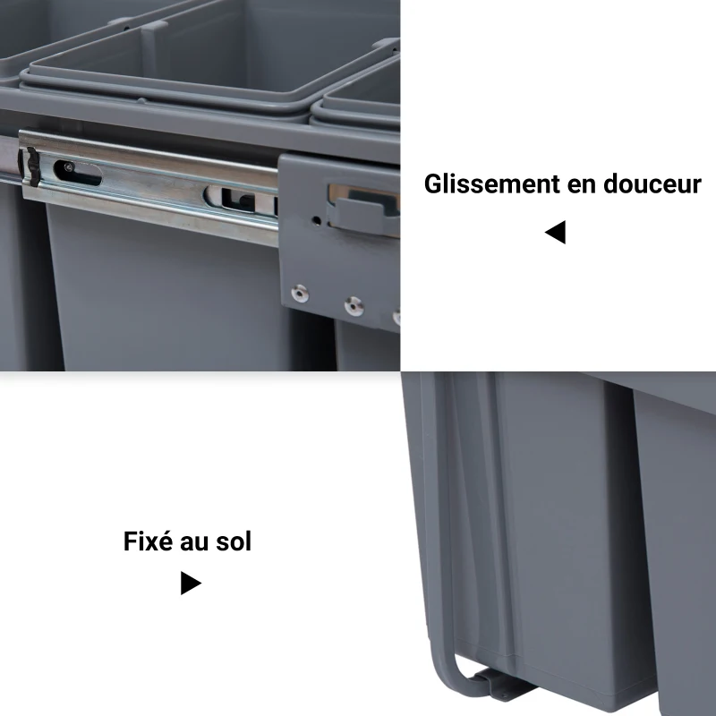 HOMCOM Poubelle coulissante 40L avec 3 bacs amovibles pour tri sélectif 2 x 10L et 1 x 20L - gris