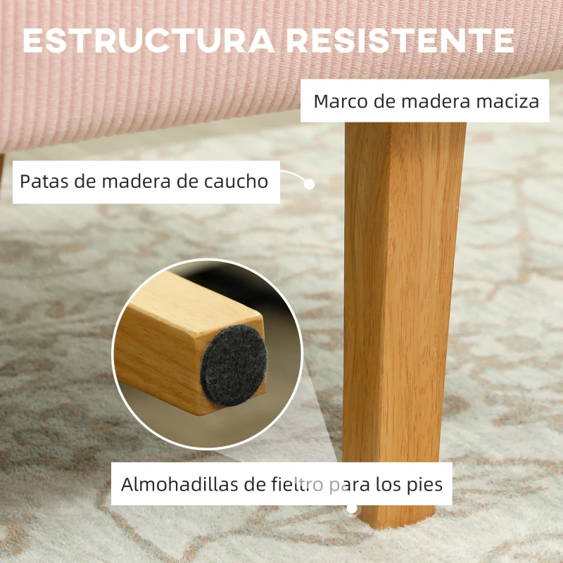 HOMCOM Sofá de 2 Plazas Tapizado en Pana con 2 Puertos USB 1 Puerto Tipo-C y Patas de Madera Carga 240 kg 110x60x85 cm Rosa
