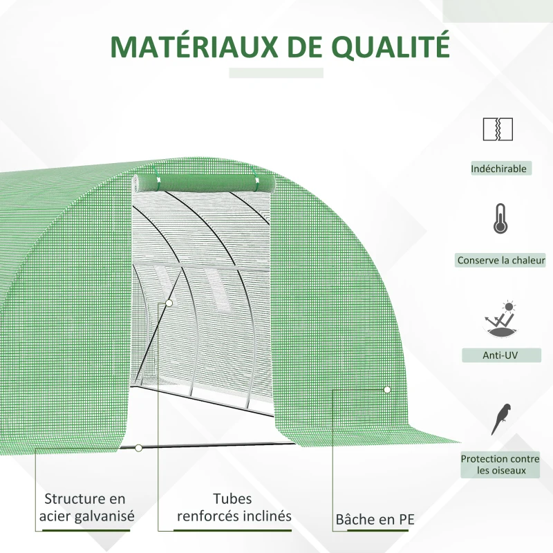 Outsunny Serre de Jardin Tunnel 18 m² dim. 6L x 3l x 2H m - 8 fenêtres, Porte zippée Enroulable - châssis Tubulaire Acier galvanisé, bâche PE Haute densité Vert