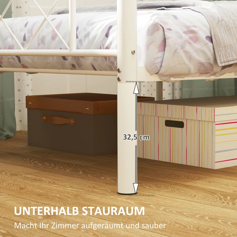 HOMCOM Jednoosobowe Łóżko z Wysokim Zagłówkiem, Łatwy Montaż, Przestrzeń Do Przechowywania pod Łóżkiem, Stal, Białe