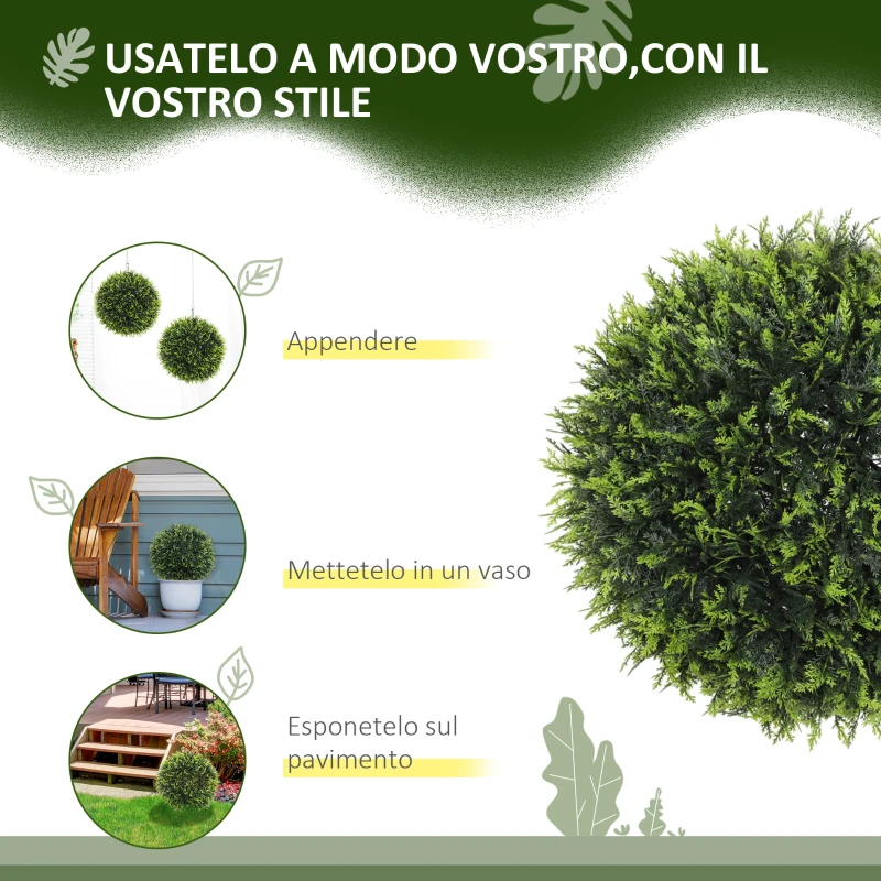 HOMCOM Set di 2 Piante Artificiali a Sfera con Foglie di Cedro per Casa e Giardino Ø45 cm, Verde