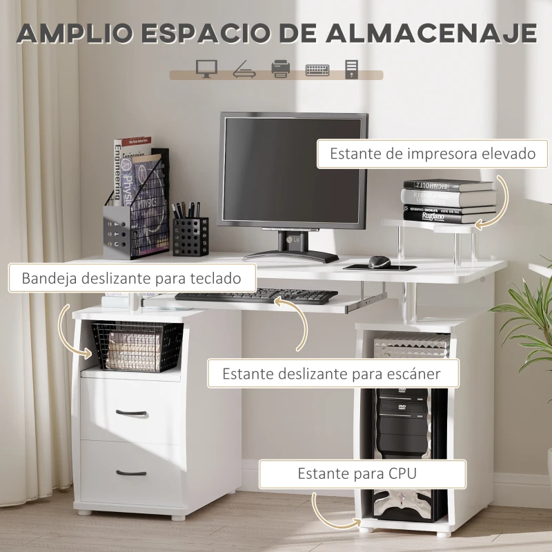 HOMCOM Escritorio con Estanterías Mesa de Ordenador con 2 Cajones Bandeja de Teclado Soportes para Monitor 120x55x85 cm Blanco