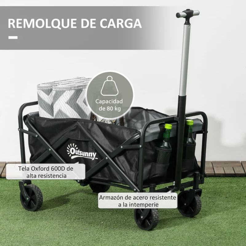 Outsunny Carro de Jardín Plegable con 4 Ruedas Longitud y Ángulo del Mango Ajustables Capacidad 70 L 77x50x63-93 cm Negro