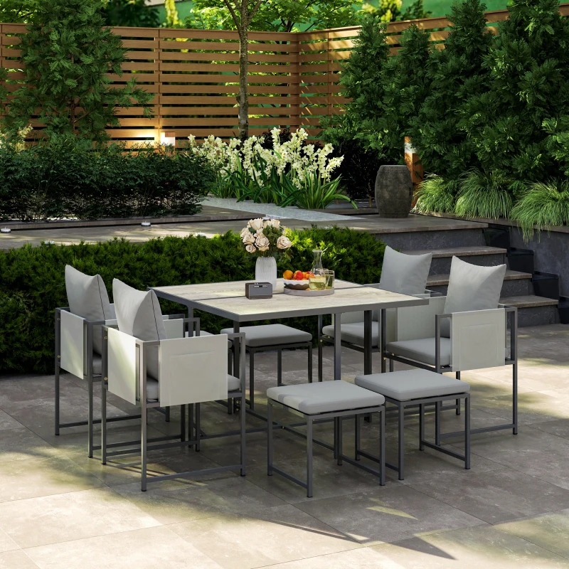 Outsunny Set Mobili da Giardino con Tavolo da Pranzo, 4 Sedie da Esterno e 4 Sgabelli Poggiapiedi, Grigio