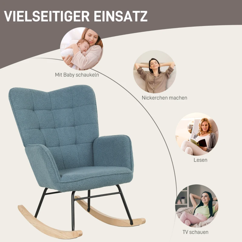 HOMCOM Schaukelstuhl, ergonomische Form, Echtholzkufen, bis 120 kg, Hellblau(m-5)