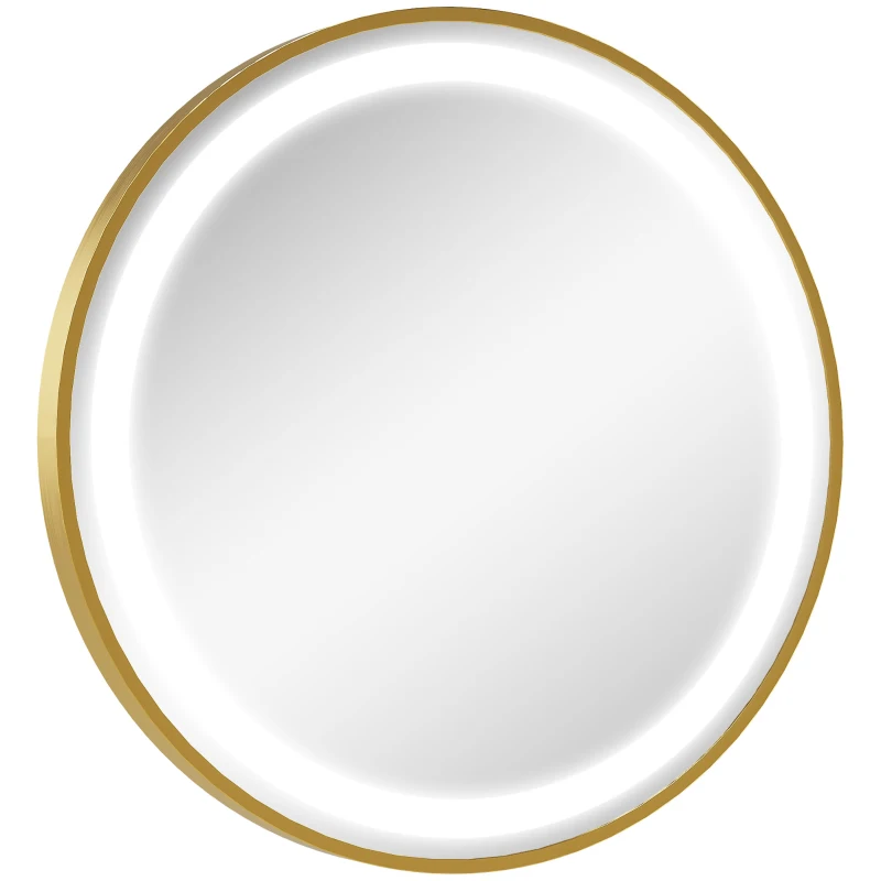 kleankin Runder Spiegel mit LED-Beleuchtung, Uhrzeitanzeige, Memoryfunktion, Gold + Silber