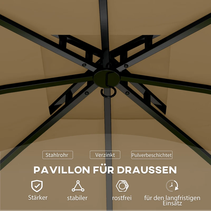 Outsunny 3,4 x 3,4 m Gartenpavillon, Bierzelt mit Lüftungsdach, Bogenfenstern, Stahlgestell, Beige