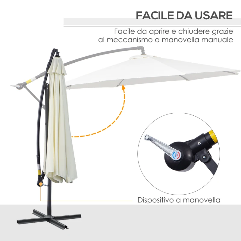 Outsunny Ombrellone da Esterni 3x2.5 m con Manovella, in Acciaio e Poliestere Anti-UV, Crema
