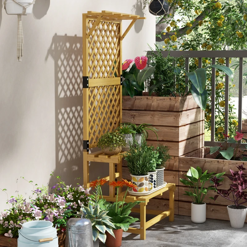 Outsunny Soporte para Plantas de Madera Estantería para Plantas de 2 Niveles con Enrejado para Jardín Patio Terraza Natural