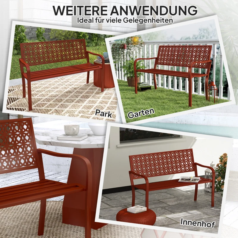 Outsunny Außenbank, Gartenbank aus Stahl, Ausgeschnittene Rückenlehne, Armlehnen, für 2 Personen, Rot