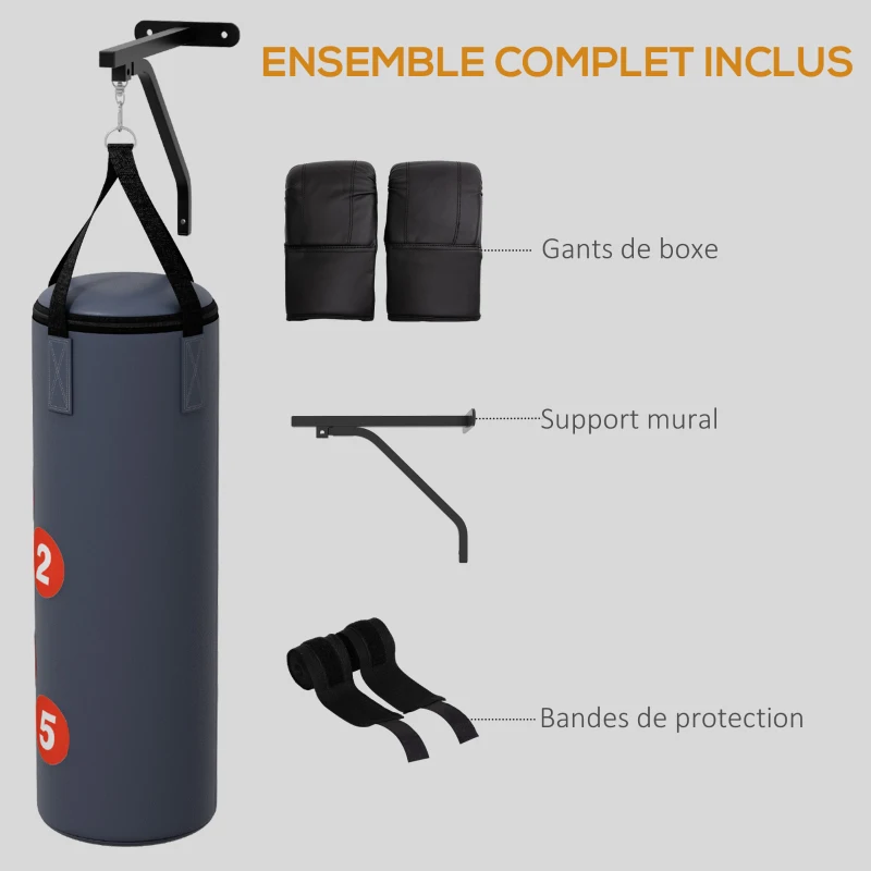 SPORTNOW Sac de frappe avec support mural pour sac de boxe, sac lourd avec gants, bandes pour les mains crochet pivotant à 360°