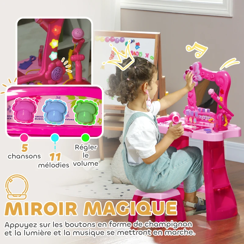 AIYAPLAY 15 PCS Coiffeuse enfant avec tabouret et miroir, lumière, musique, microphone, sèche-cheveux, espace de rangement