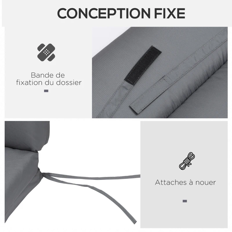 Outsunny Coussins de chaise longue coussin bain de soleil épais, confortable et rembourré, 2 attaches, 196 x 55 x 8 cm, gris