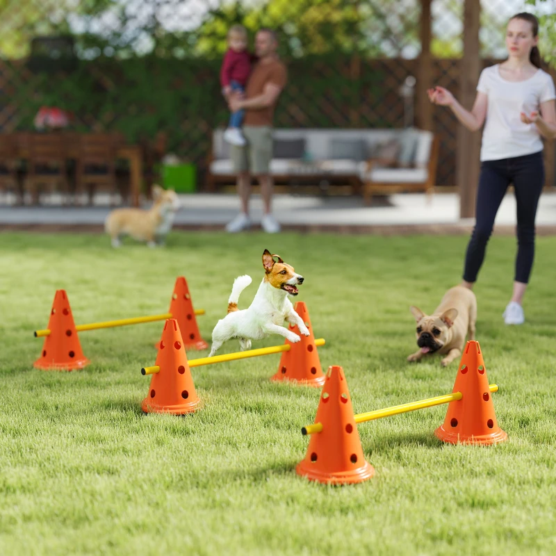 PawHut Dog Agility Equipment Set of Six Cones, Six Poles with Carry Bag, Three-Piece Adjustable Height Jumping Obstacles Orange