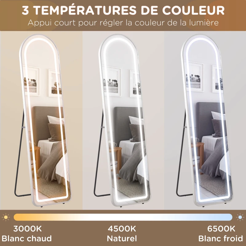 HOMCOM Miroir complet arqué miroir pleine longueur LED 3 couleurs lumière réglables fonction mémoire 150 x 40 cm argent