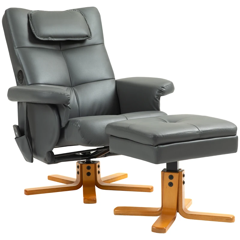 HOMCOM Fauteuil de massage avec repose-pieds, dossier réglable, port de charge USB, simili cuir, jusqu'à 150 kg, Gris foncé