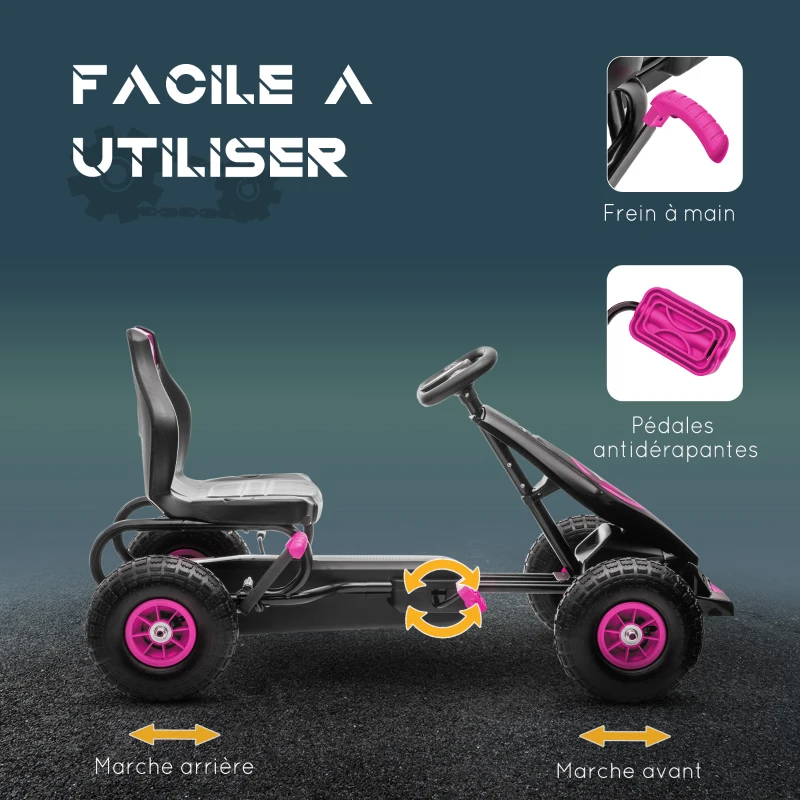 HOMCOM Kart à pédales pour enfant siège réglable 3 positions frein à main enfant de 5 à 12 ans rose noir