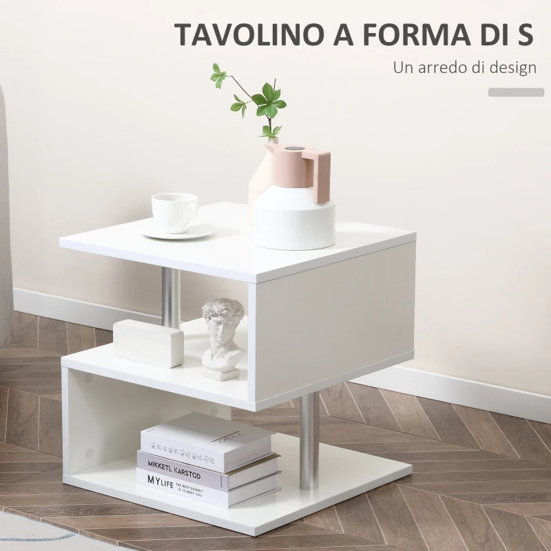 HOMCOM Tavolino Basso Da Salotto, Tavolino da Salotto Bianco, Design Moderno, Superficie Ampia, Due Ripiani, Forma S, in Legno e Ferro, 50 x 50 x 50cm, Bianco