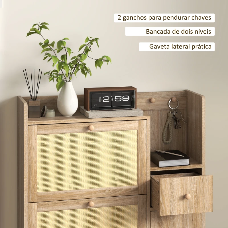 HOMCOM Móvel Sapateira com 3 Gavetas com Frente em Vime para 12 Pares de Sapatos Prateleiras Ajustáveis 80x23x120 cm Carvalho
