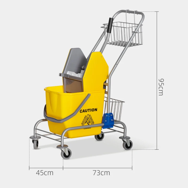 HOMCOM Chariot de lavage chariot de ménage professionnel presse à mâchoire seau 26 L + panier de rangements jaune