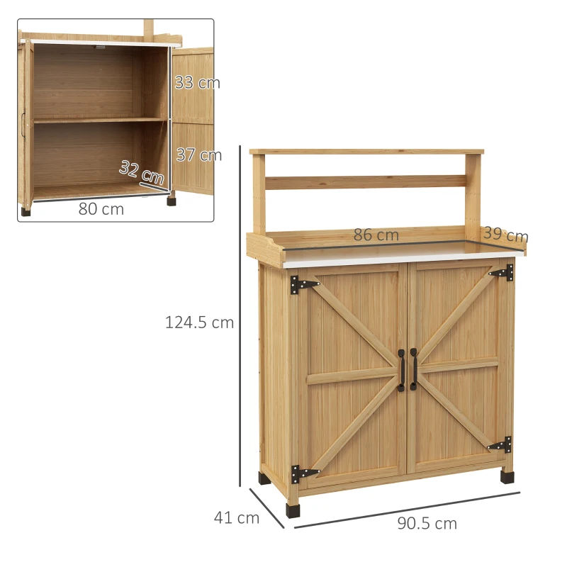Outsunny Pflanztisch Gartentisch mit Schrank und Regalen und verzinkter Arbeitsplatte rutschfeste Gummifüße Tannenholz gelb
