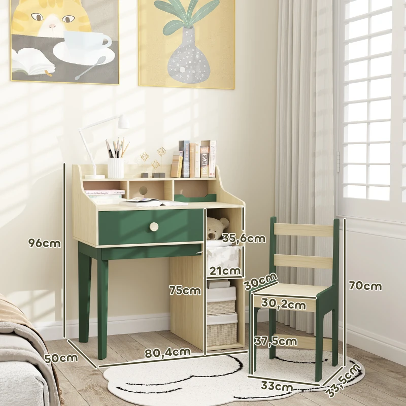 AIYAPLAY Ensemble bureau et chaise pour enfant avec étagères de rangement et tiroir, mobilier pour enfants de 3 à 10 ans, vert