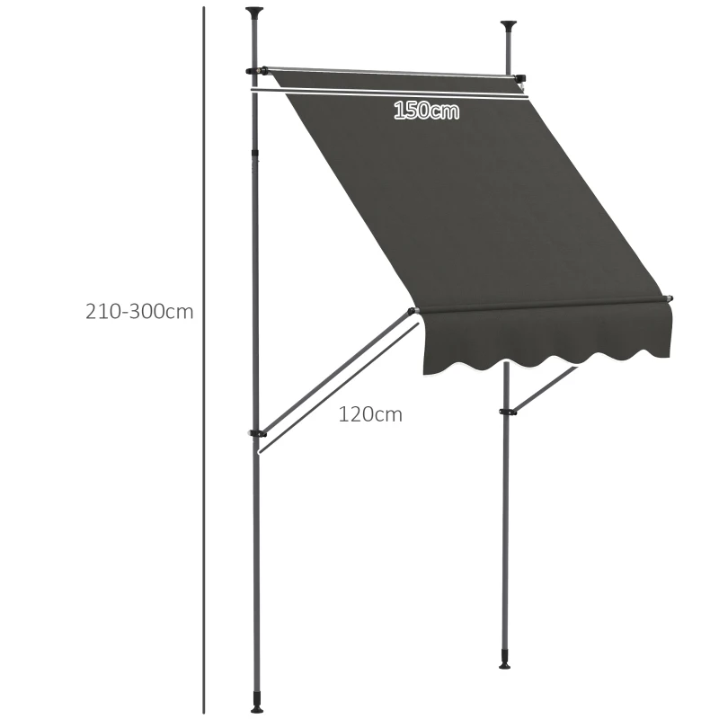 Outsunny Freistehende manuelle ausfahrbare Markise 1,5L x 1,2B x 2,1-3H m einstellbare Neigung Metall Alu Polyester Dunkelgrau