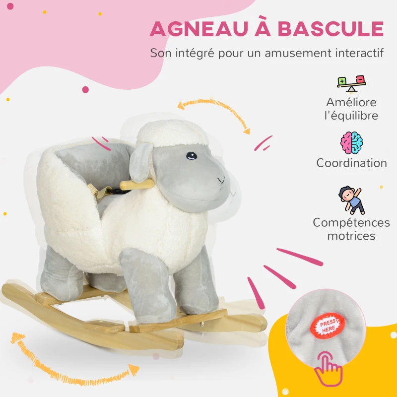 AIYAPLAY Cheval à bascule pour enfant, jouet à bascule en peluche, en forme d'agneau, à effets sonores, 68 x 35 x 55 cm gris