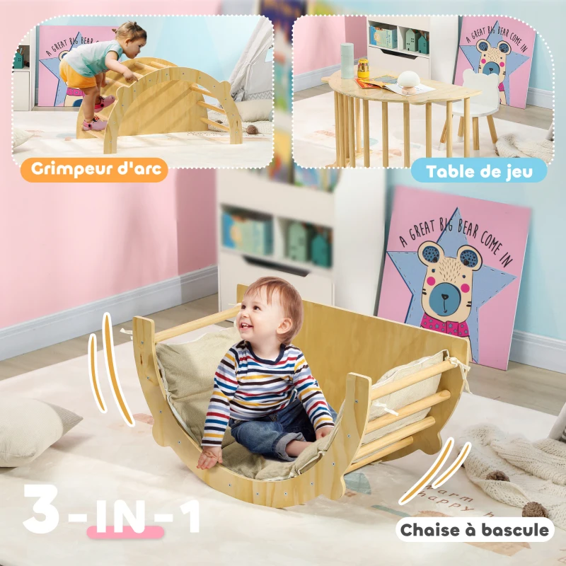AIYAPLAY 3 en 1 Arche d'escalade fauteuil à bascule et table de jeu coussin, en bois naturel, pour enfants de 18 à 48 mois