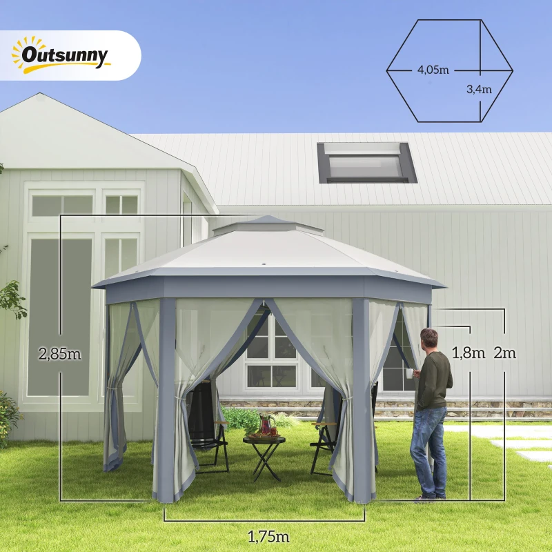 Outsunny Pavillon Pliable 4 x 4m, Design hexagonal, Rideaux en filet, résistant à l'eau, Toit ventilé, Gris+Blanc