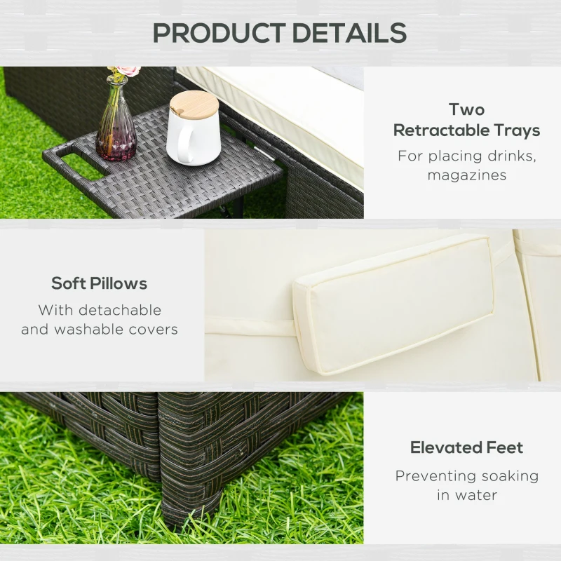 Outsunny Double Rattan Sun Lounger, Garden Daybed with 5-Level Adjustable Backrest and Flip Side Trays, Wicker Outdoor Furniture Recliner with Cushions and Pillows for Patio, Cream White